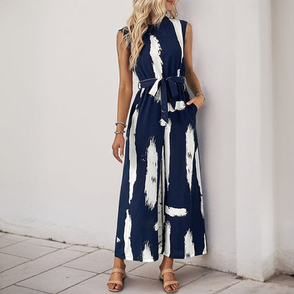 Women's Jumpsuit – Sleeveless – Wide Legs – Lightweight – Tie Belt – Printed Design