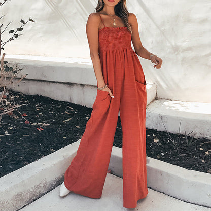 Women's Jumpsuit – Relaxed Fit – Ruched Bodice – Spaghetti Straps – Wide Legs