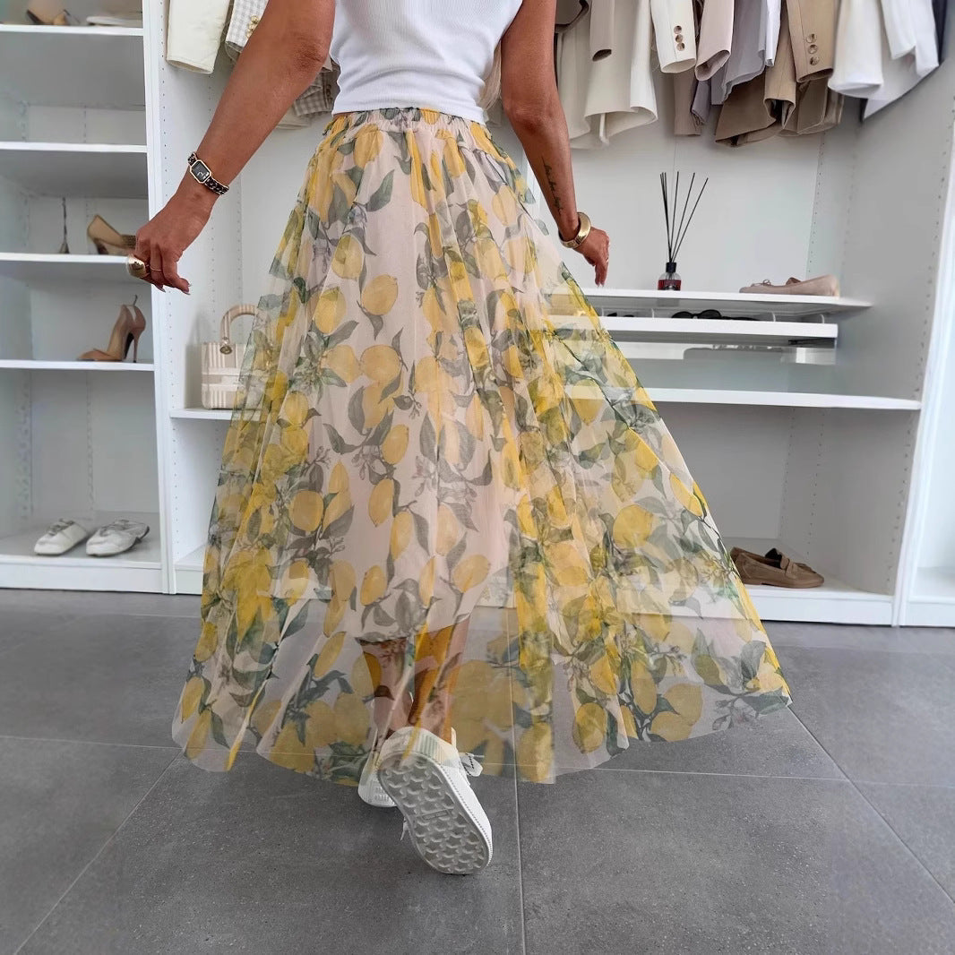 Women's Maxi Skirt – Light Mesh – Elastic Waist – Print – Relaxed Fit
