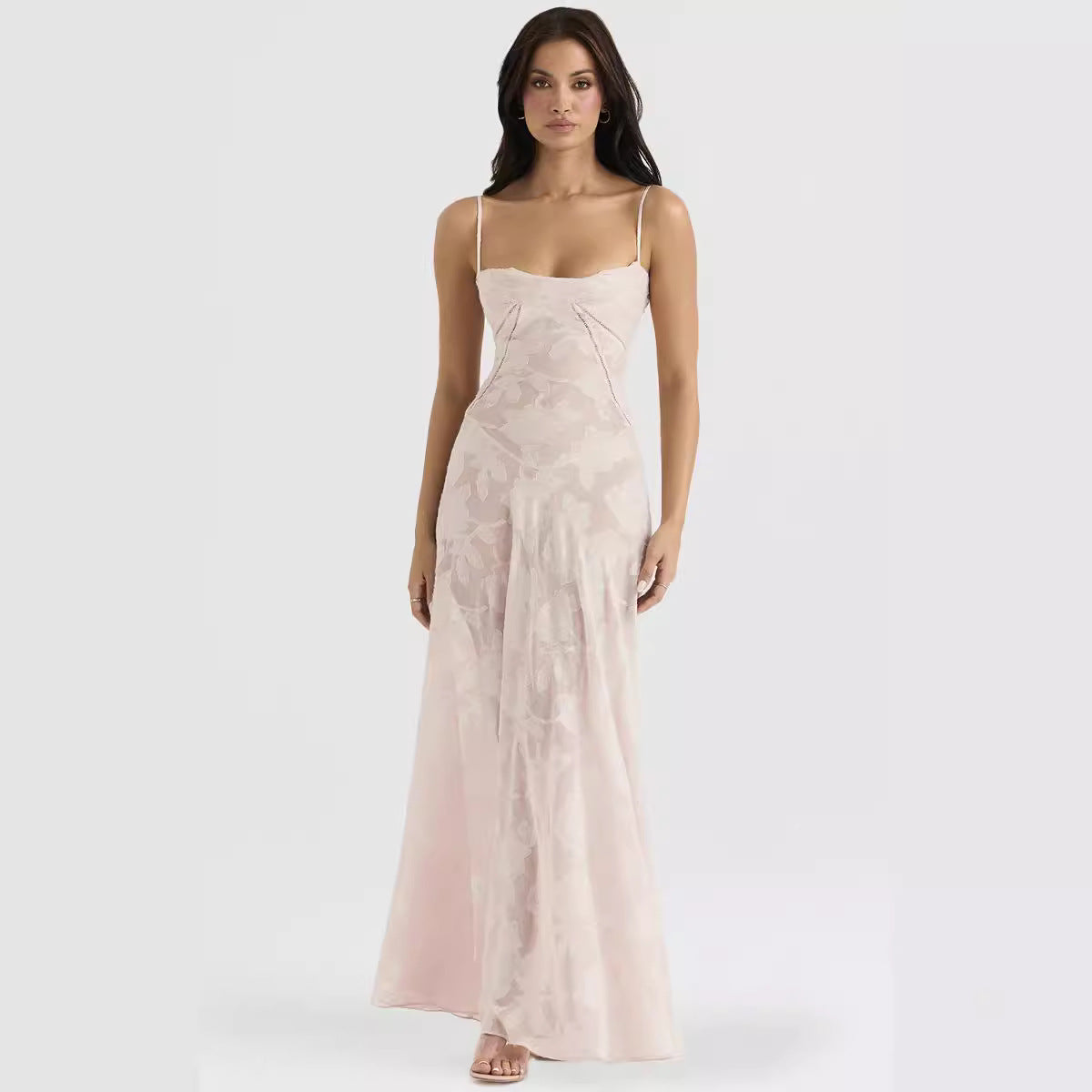 Women's Evening Dress – Chiffon – Slim Fit – Spaghetti Straps – Embroidered Design