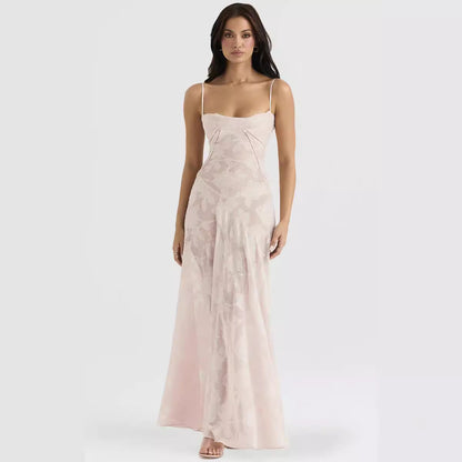 Women's Evening Dress – Chiffon – Slim Fit – Spaghetti Straps – Embroidered Design