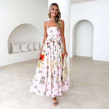 Dress for Women – Maxi A-line – Lightweight – Floral Print – Backless with Straps