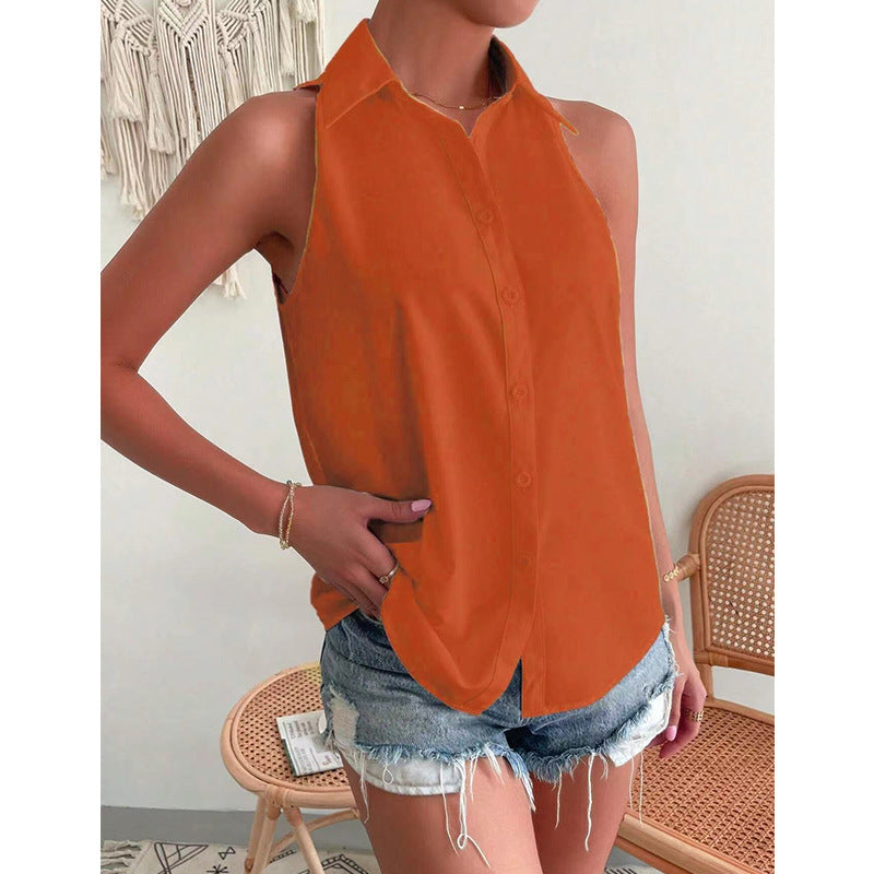 Women's Sleeveless Shirt – Relaxed Fit – Button Closure – Soft Shiny Fabric