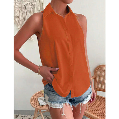Women's Sleeveless Shirt – Relaxed Fit – Button Closure – Soft Shiny Fabric