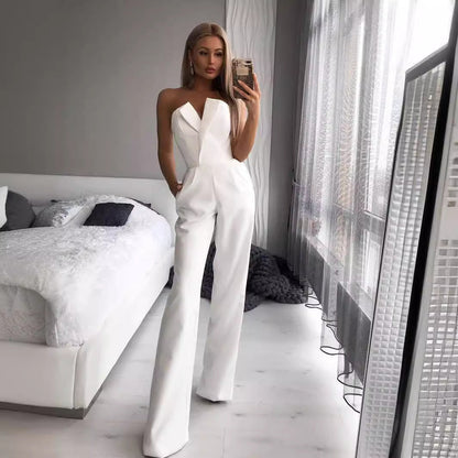 Women's Jumpsuit – Tailored Fit – Strapless Asymmetric Neckline – Wide Leg Elegant Style