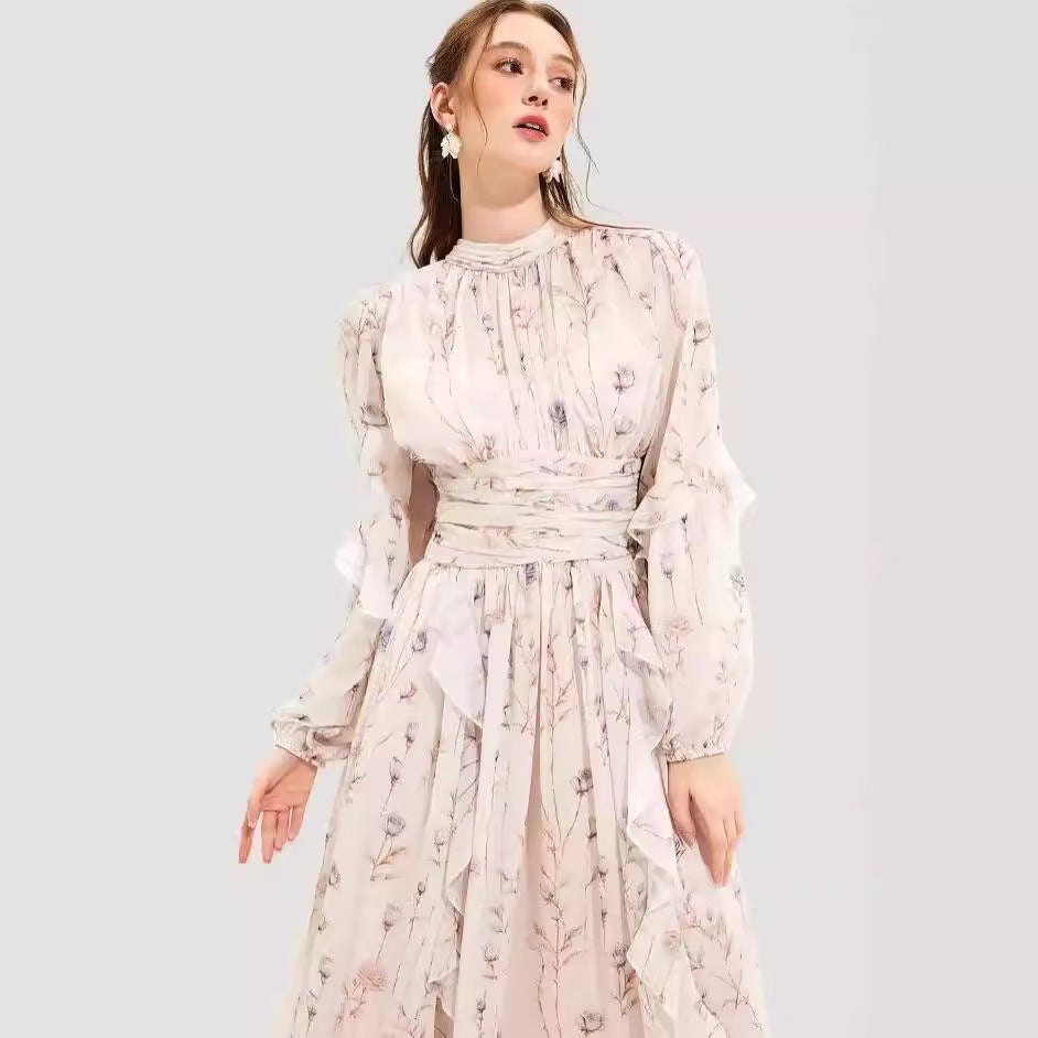 Women's Dress – Chiffon Evening Dress – Long Sleeves – Ruffle Details – Printed Maxi