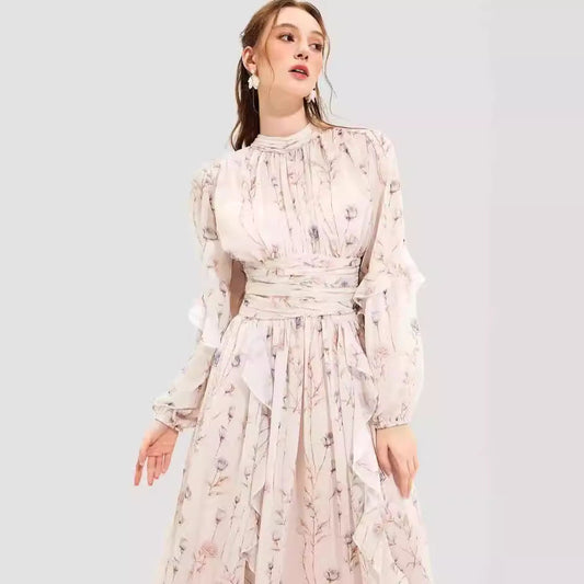 Women's Dress – Chiffon Evening Dress – Long Sleeves – Ruffle Details – Printed Maxi