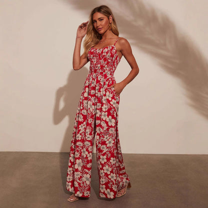 Women’s Jumpsuit – Floral Print – Wide Leg – Spaghetti Straps – Smocked Bodice