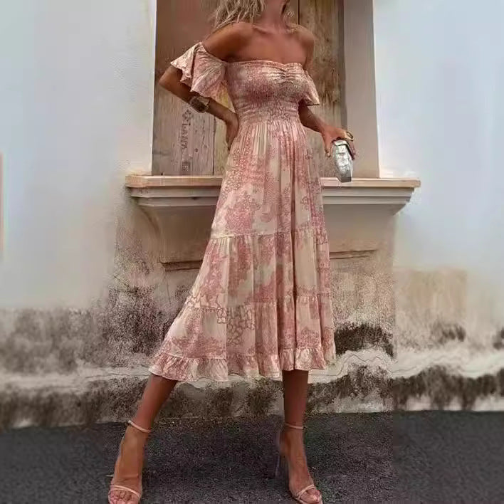 Dress for Women – Off-Shoulder – Smocked Bodice – Ruched Sleeve – Checked Midi Cut