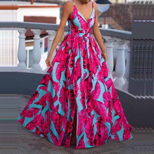 Maxi Dress for Women – A-line Fit – Spaghetti Straps – Deep Neckline – Print Layer