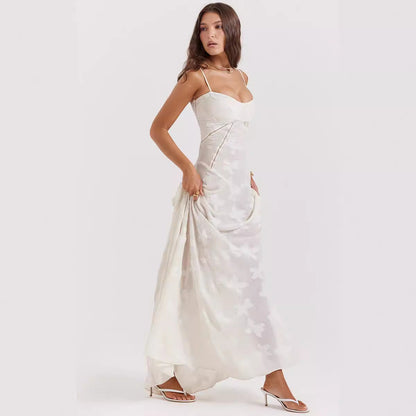 Women's Evening Dress – Chiffon – Slim Fit – Spaghetti Straps – Embroidered Design
