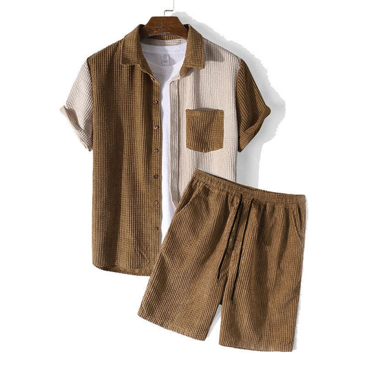 Men's Set – Relaxed Fit – Textured Fabric – Button-Up Shirt & Drawstring Shorts
