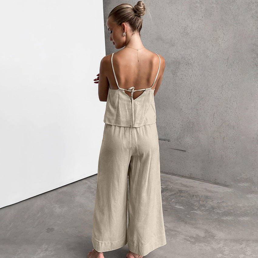 Women's Set – Sleeveless Top and Wide Pants – Cotton Linen – Relaxed Fit – Drawstring Waist