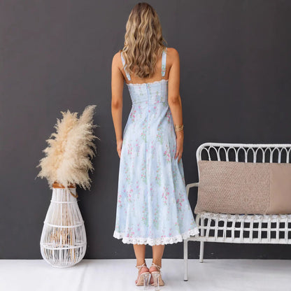 Women's Dress Midi – A-line Cut – Spaghetti Straps – Floral Pattern and Lace Trim