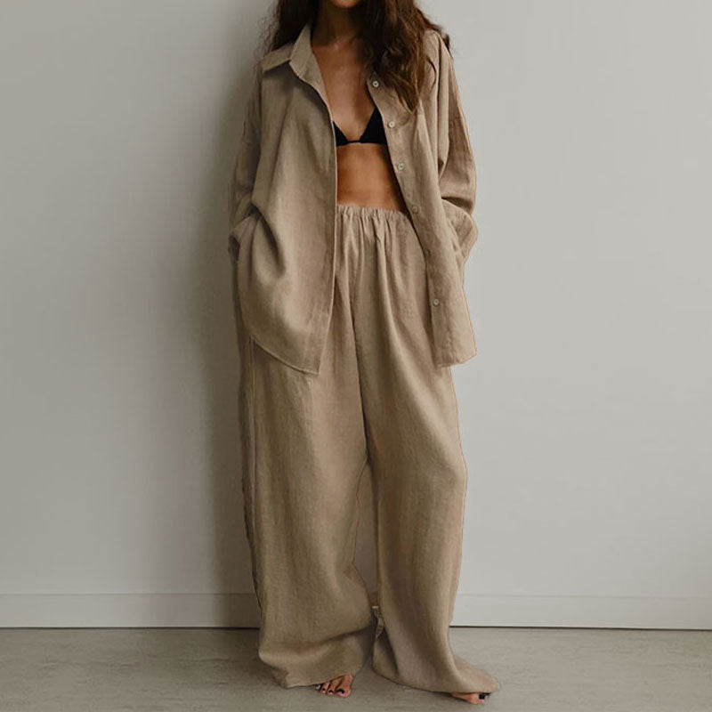 Women's Outfit Set – Oversized Shirt with Tie Front – Wide Pants – Light and Breathable