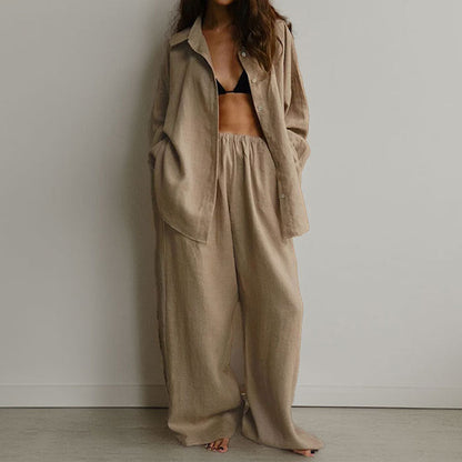 Women's Outfit Set – Oversized Shirt with Tie Front – Wide Pants – Light and Breathable