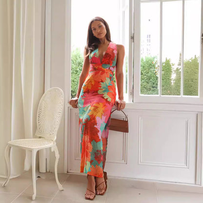 Dress for Women – Midi Length – Floral Print – V-Neck – Tie Belt – Sleeveless