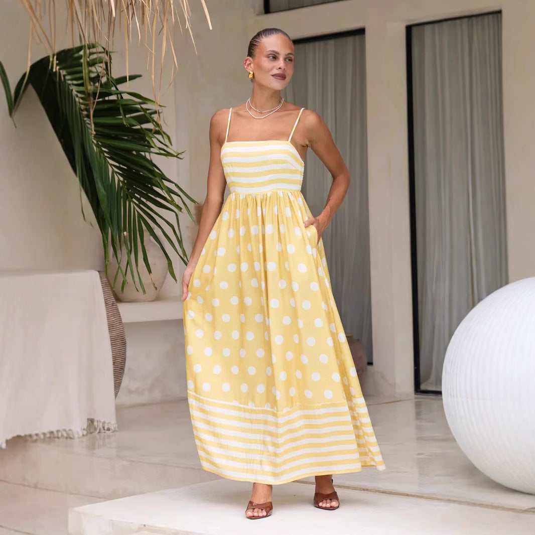 Women's Maxi Dress – A-Line Fit – Light Cotton – Spaghetti Straps – Pattern with Pockets