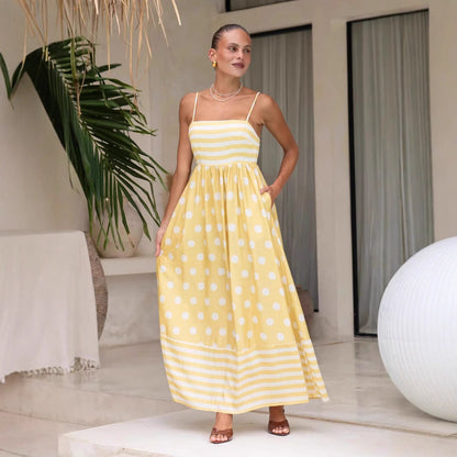 Women's Maxi Dress – A-Line Fit – Light Cotton – Spaghetti Straps – Pattern with Pockets