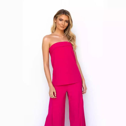 Women's Set – Strapless Top and High-Waisted Flared Pants – Light and Elegant Fit