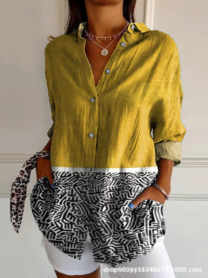 Women’s Blouse – Long-Sleeve Relaxed Fit – V-Neck Abstract Print – Modern Casual