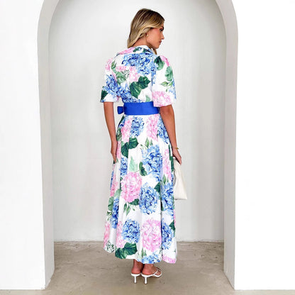 Women's Maxi Dress – A-line Fit – Short Sleeves – Floral Print – Waist Tie