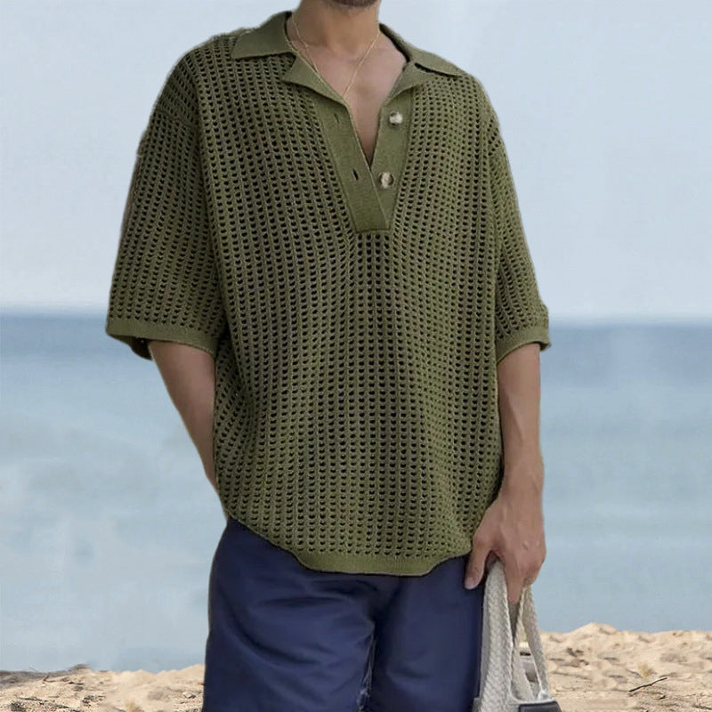 Men's Sweater – Open Knit – Oversized Fit – Short Sleeves – Notch Lapel
