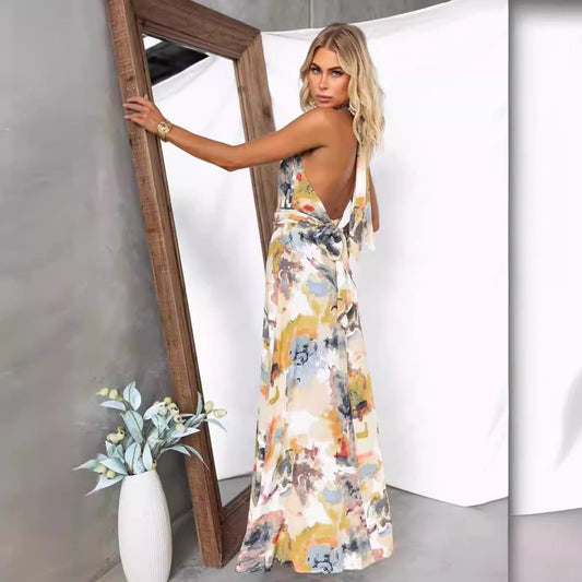 Women's A-line Dress – V-neck – Tie Back – Print – Light and Airy Fit
