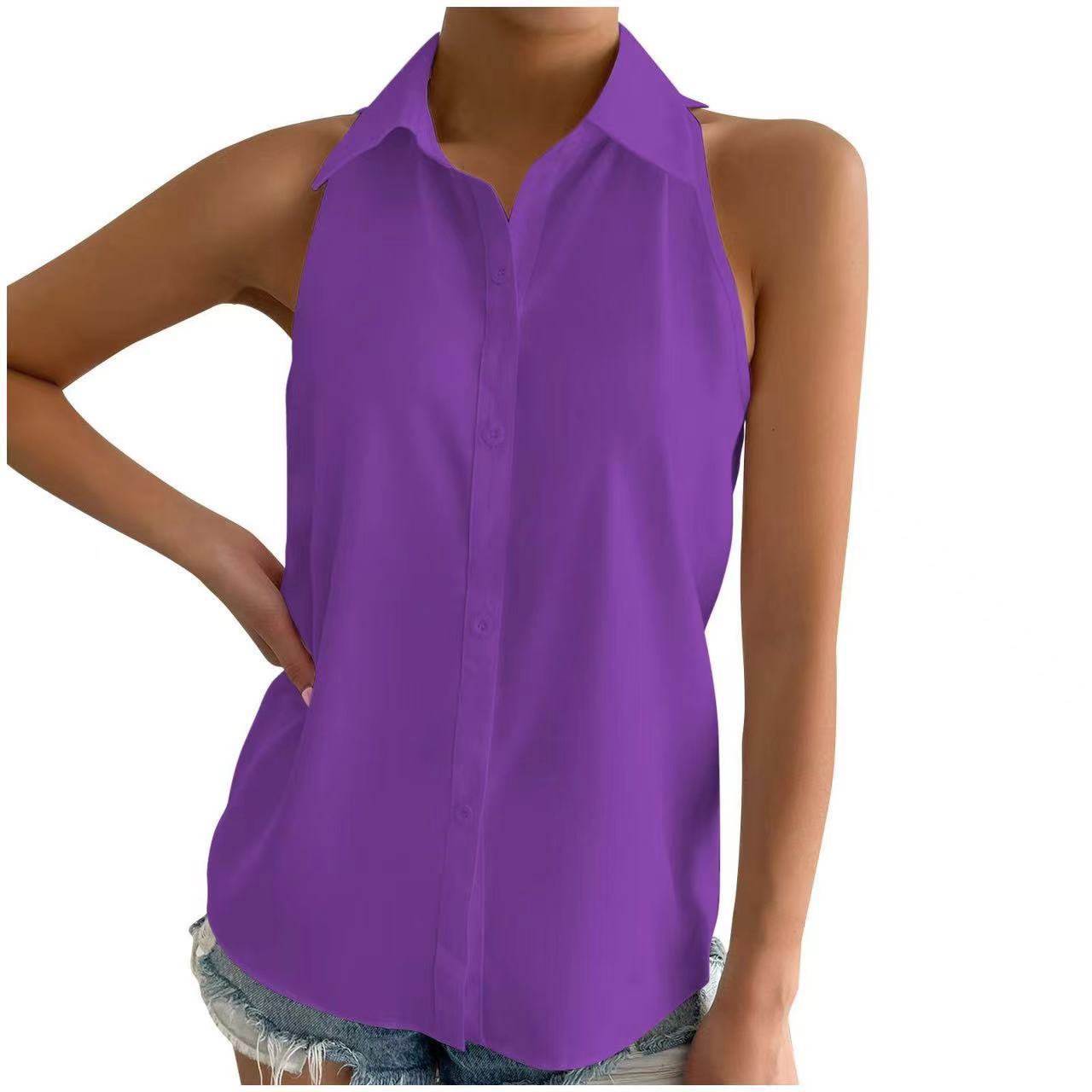 Women's Sleeveless Shirt – Relaxed Fit – Button Closure – Soft Shiny Fabric