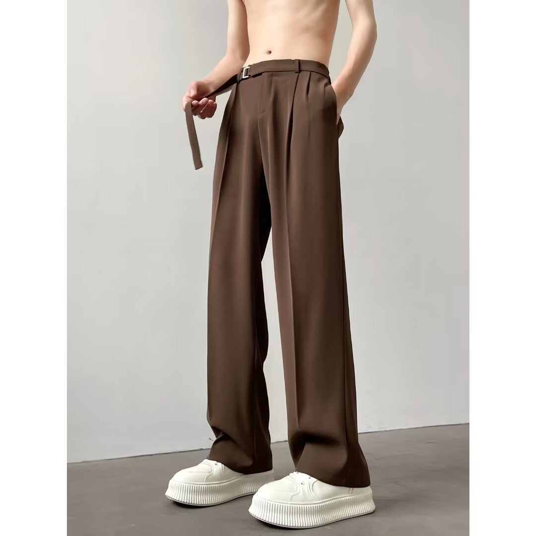 Men’s Wide-Leg Trousers - High-Waist Pleated Pants - Belted