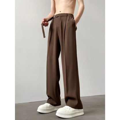 Men’s Wide-Leg Trousers - High-Waist Pleated Pants - Belted
