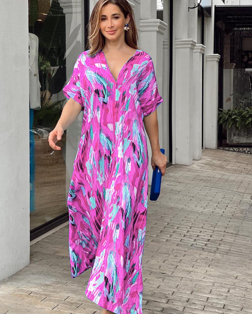 Women's Kaftan Dress - Light and Airy - V-Neck - Loose Fit - Short Sleeve