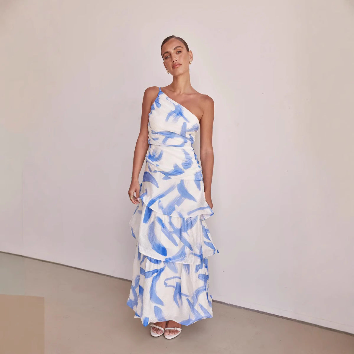 Dress for Women – Maxi Dress with Asymmetric Shoulder – Ruched Bodice – A-line Layer