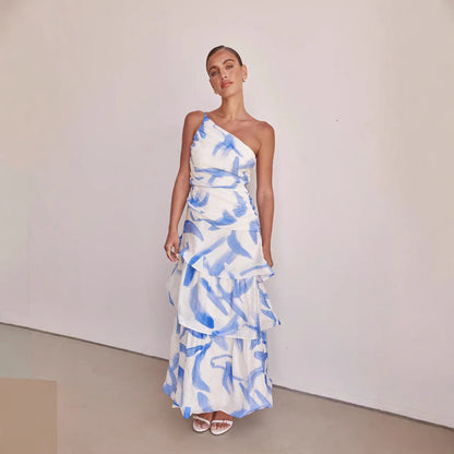 Dress for Women – Maxi Dress with Asymmetric Shoulder – Ruched Bodice – A-line Layer