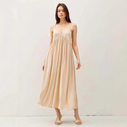 Women's Maxi Dress – Loose Fit – Lightweight and Breathable – V-neck – Pleated with Spaghetti Straps