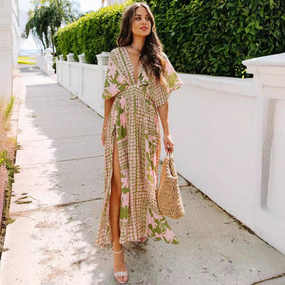 Women's Maxi Dress – Light and Breathable – High Waist – V-Neck – Slit – Floral Pattern