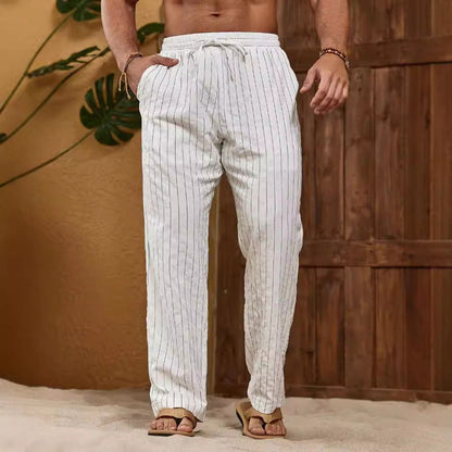 Men's Trousers – Relaxed Fit – Cotton Linen Blend – Striped – Drawstring Closure