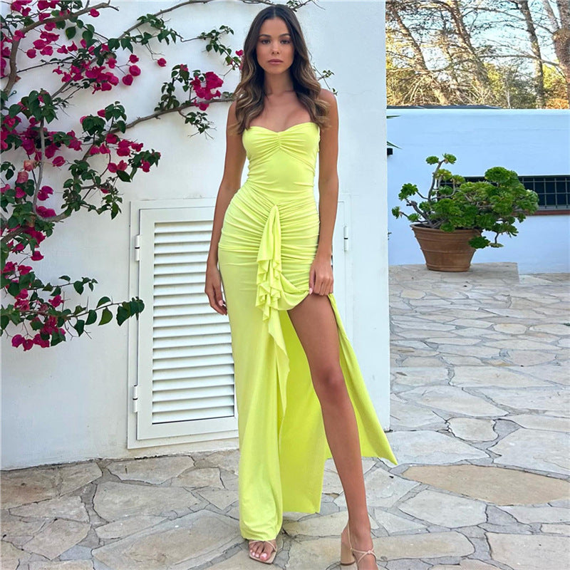 Dress for Women – Slim Fit Maxi Dress – Halterneck – Draped with Slit – Soft Stretch