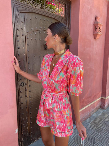 Women's Jumpsuit – Relaxed Fit – Puff Sleeves – Deep V-Neck – Abstract Print – Belt – Pockets