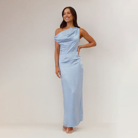 Dress for women – Bodycon fit – One shoulder – Draped top – Satin look – Midi length