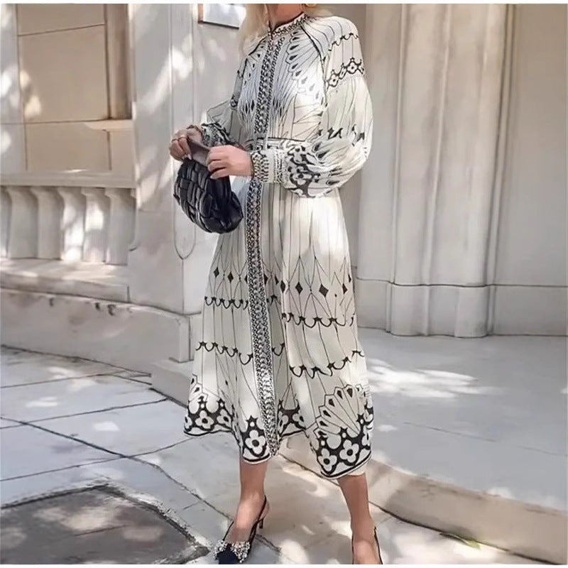 Women's Midi Dress – Elegant Fit – Voluminous Sleeves – Belted Waist – Patterned Design