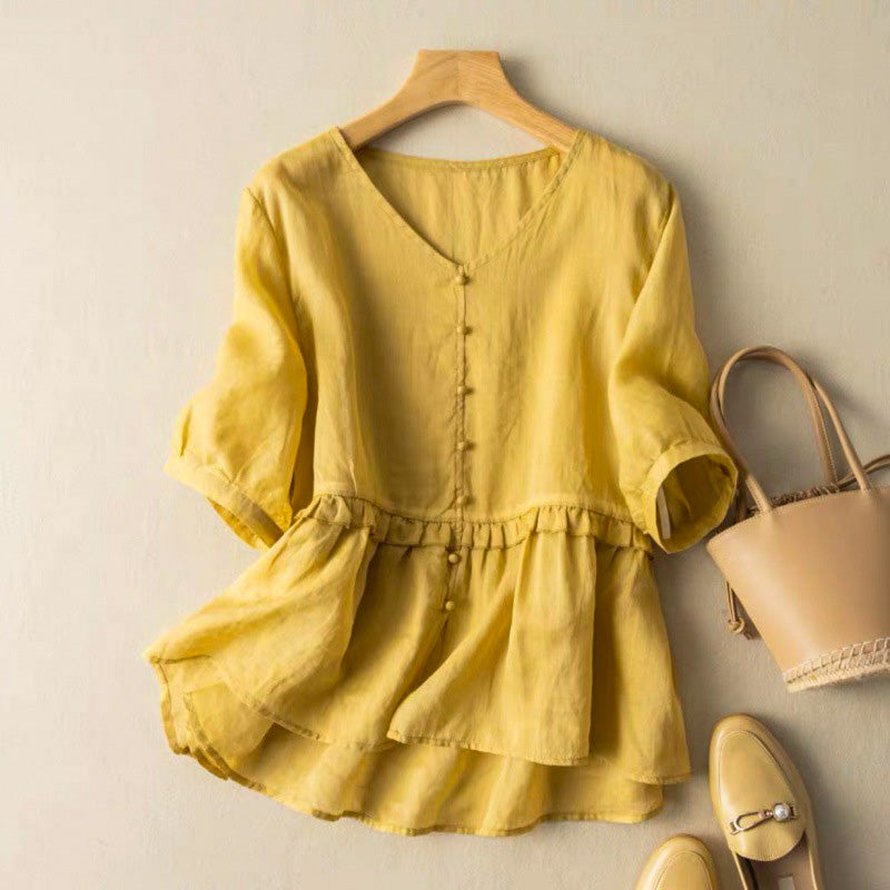 Flowy Button Front Blouse for Women – Stylish Casual Comfort
