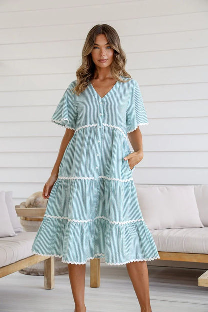 Dress for Women – V-Neck – Loose Fit – Layered Design with Lace Trim