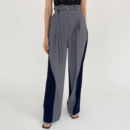 Women's Pants – Wide Leg – High Waist – Belt with Buckle – Color Block Design
