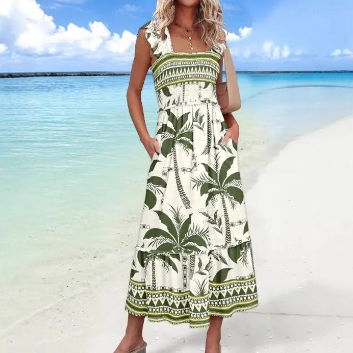 Dress for Women – Cotton Blend – Loose Fit – Ruched Sleeves – Midi with Palm Print