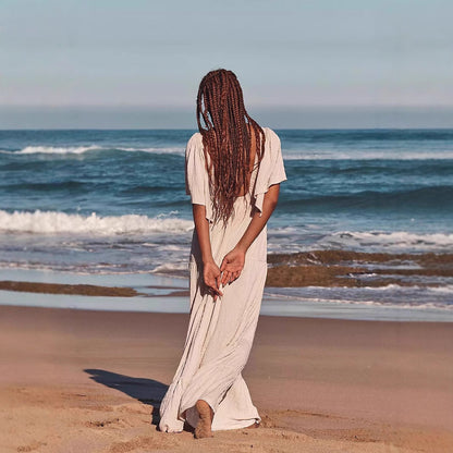 Women's Maxi Dress – Loose Fit – A-Line – V-Neck – Open Back – Lightweight and Breathable