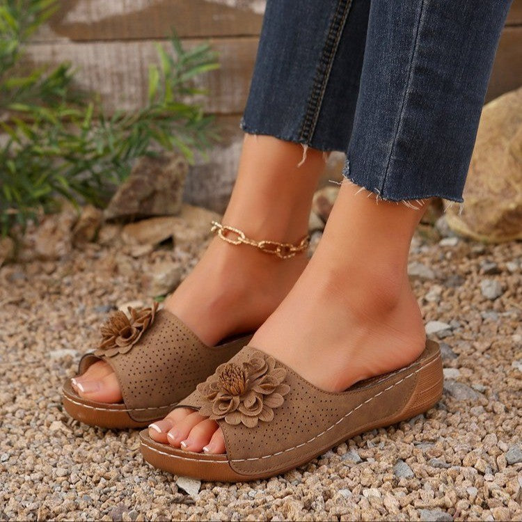 Women's Wedge Heel Sandals – Open Toe – Floral Detail – Perforated Upper