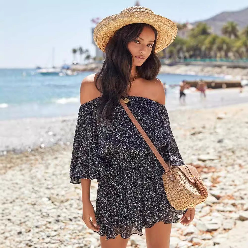 Women's Off-Shoulder Dress - Elastic Waist - Ruffle Sleeve - Breathable Casual Fit