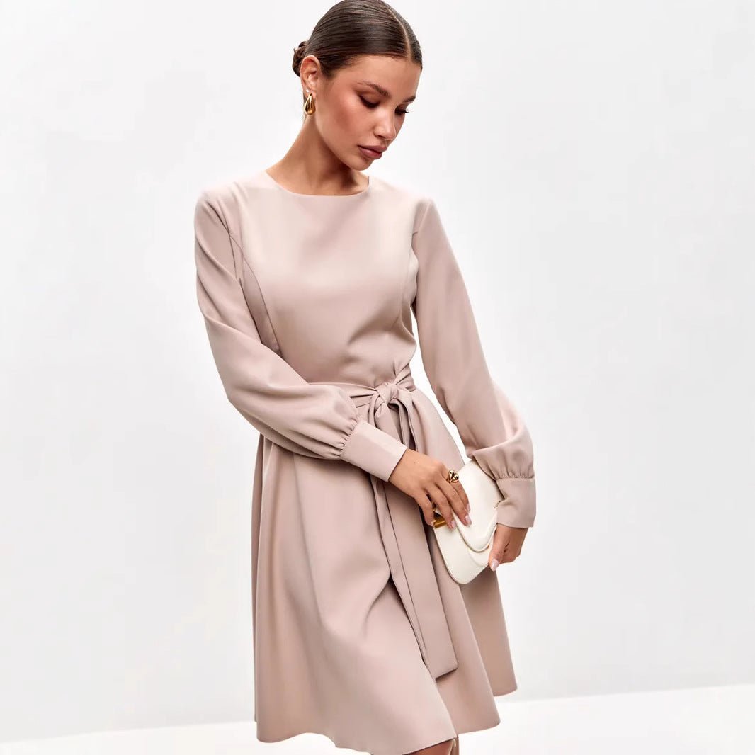Women's Midi Dress – Tailored Fit – Waist Tie – Long Sleeves