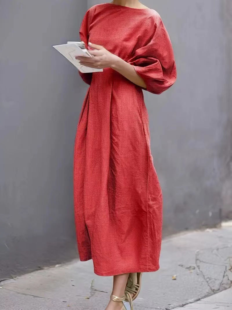 Women's Long Dress – Loose Fit – Puff Sleeves – Round Neck – Light and Breathable